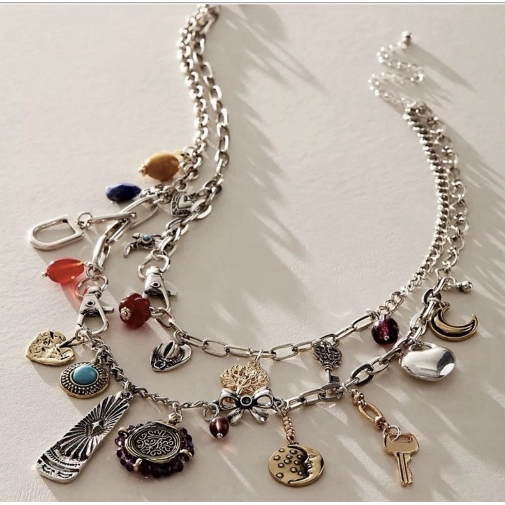 New Free People Maxamillian World Traveler Silver Layer Charm Necklace